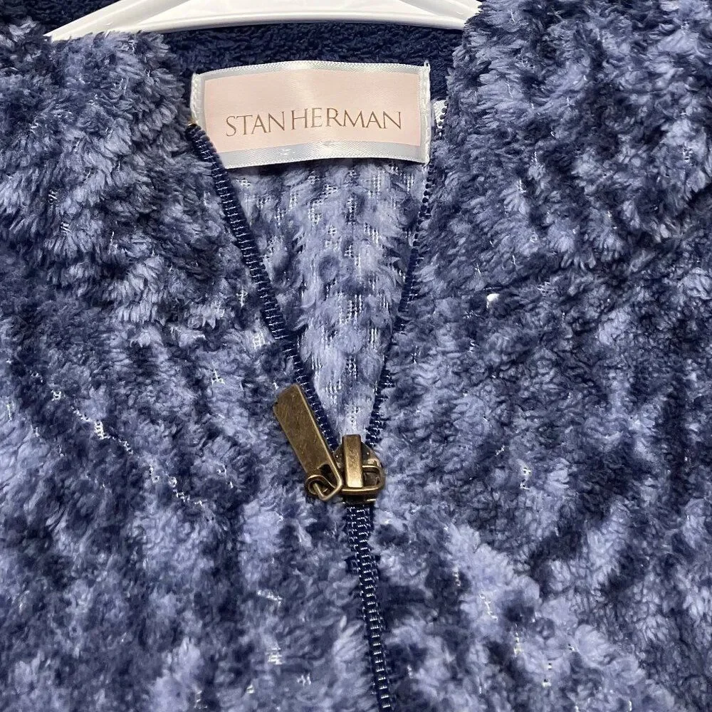 Stan Herman Womens Textured Blue Lightweight Fleece Zip up Jacket Medium